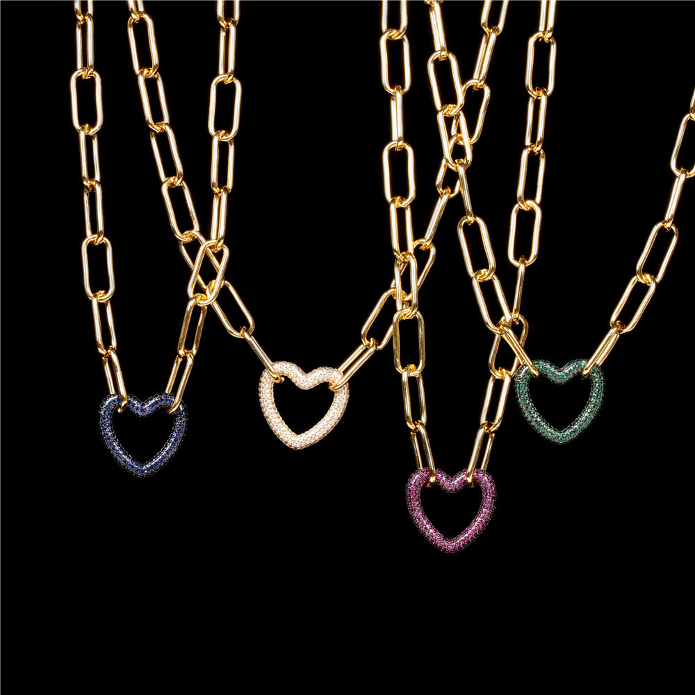 Hot Sale New Hip-hop Style Colorful Full Diamond Heart-shaped Lock Thick Chain Necklace display picture 1