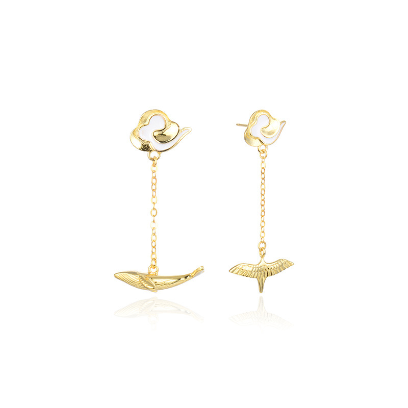 S925 gota de plata aceite ballena larga oreja pendientes estilo japonés y coreano creativo oro asimétrico pájaro pendientes