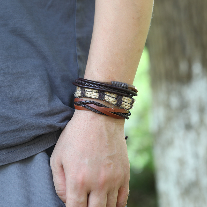 Punk style retro multi-layer leather 10 piece set braided bracelet hand rope