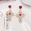 Baroque Crystal Love Cross Earrings Retro Palace Girl Red Heart Hollow Ear Clamp Earrings