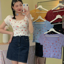 1688#新款夏复古碎花减龄炫雅风短袖上衣修身短款露脐针织小开衫