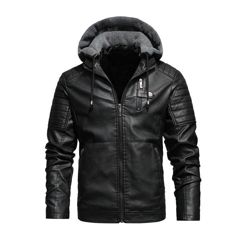 New Style Leather Men's Leather Clothes Youth Men's Coats Plush Hooded Fur Men's Coats