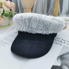 报童帽白色鸭舌帽秋冬拼接平顶八角帽子女网红软顶帽子复古海军帽