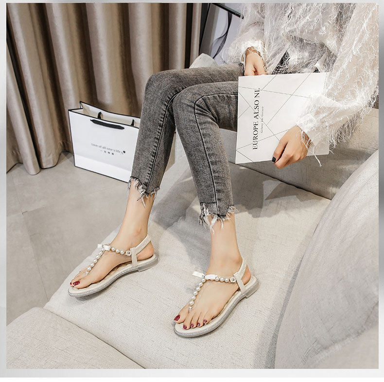 Dép sandal nữ quai ngang đính ngọc trai và đá lấp lánh, đế bệt mũi tròn — Màu mơ, Màu đen chi tiết 10
