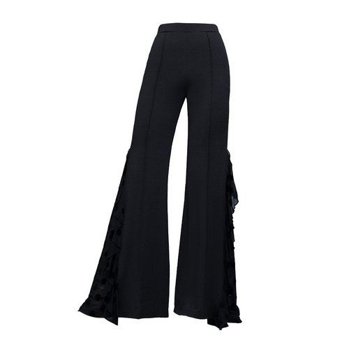 Qsuccua Women's Latin Dance Pants - Modern Practice Wear With Long Slit And Elastic Waist For Ballroom, Black, Small