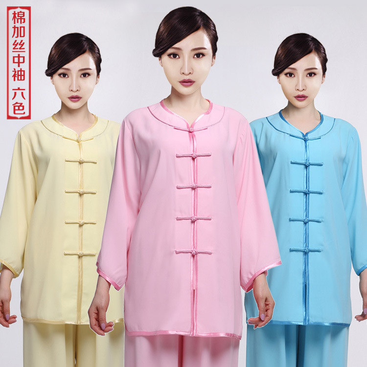 太極服棉加絲短袖女夏季中老年圓領練功服男款棉麻中袖太極拳服裝