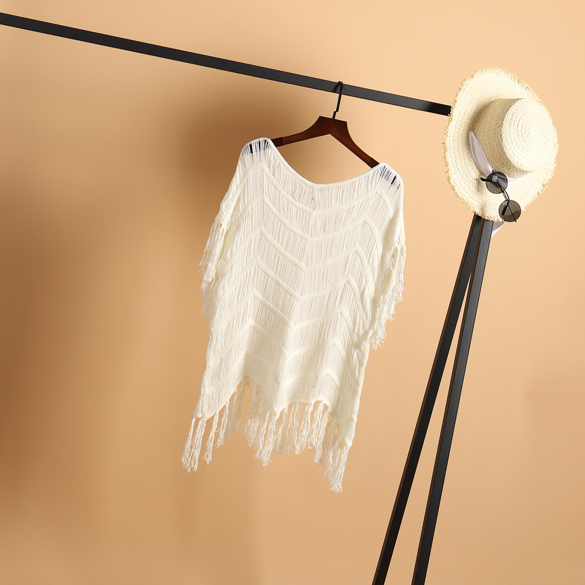 short sleeve hollow crochet tassel solid color beach outdoor cover-up NSCYG132109