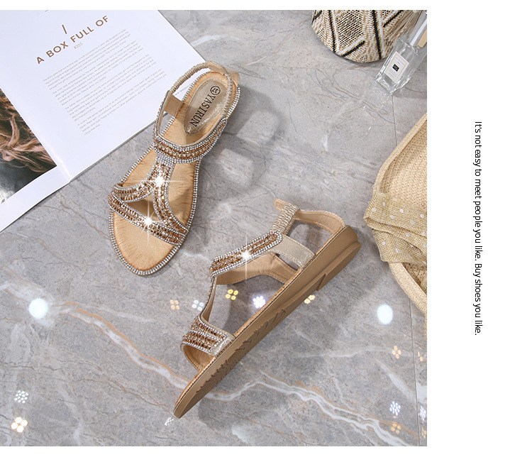 2025 New cross-border sandals Bohemian-style women's shoes summer hollowed-out flat diamond sandals Womanshoes undefined