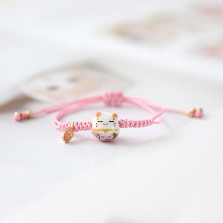 Ceramic Lucky Cat Lucky Men's and Women's Unisex Bracelet Bracelet Woven Peach Blossom Opening Girlfriend Gift Simple Bracelet