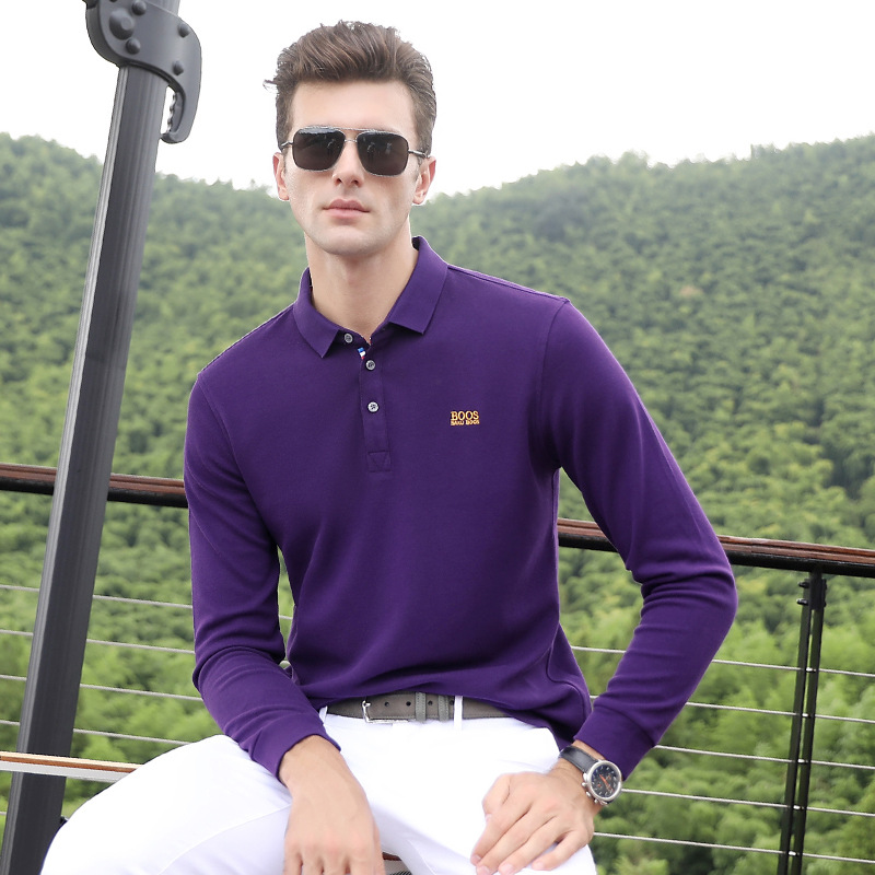 生利发男装2020秋款体恤男宽松长袖t恤男全棉上衣纯色翻领polo衫