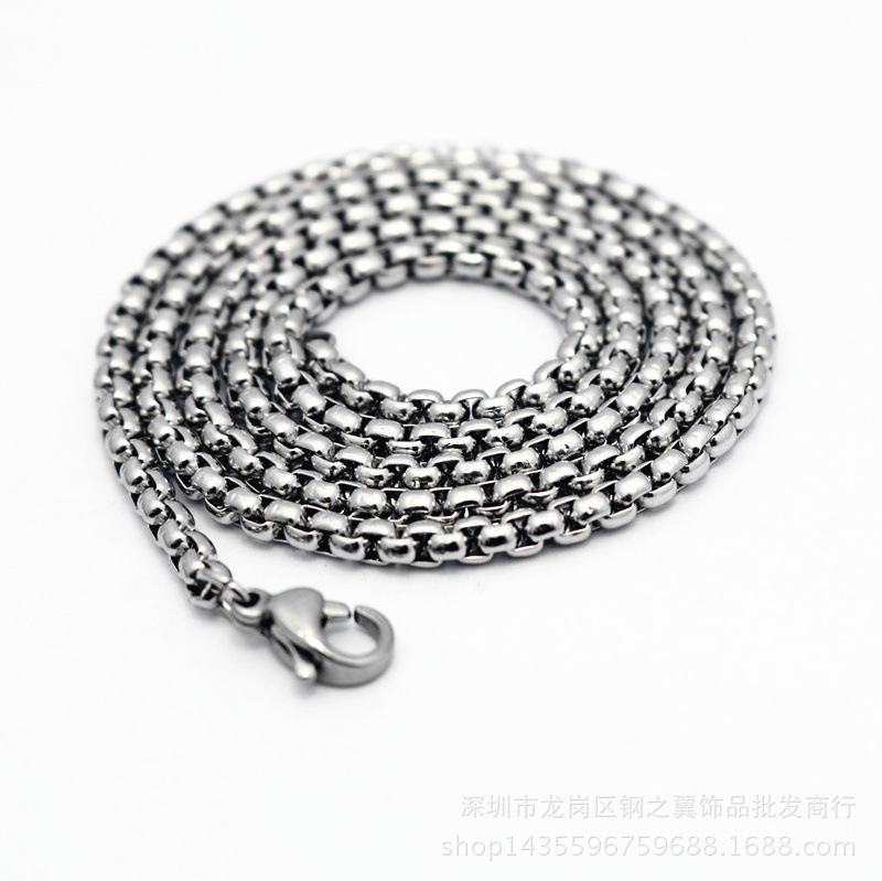 环环相扣钛钢项链男韩版经典银色锁骨长链子女士毛衣链方珍珠链
