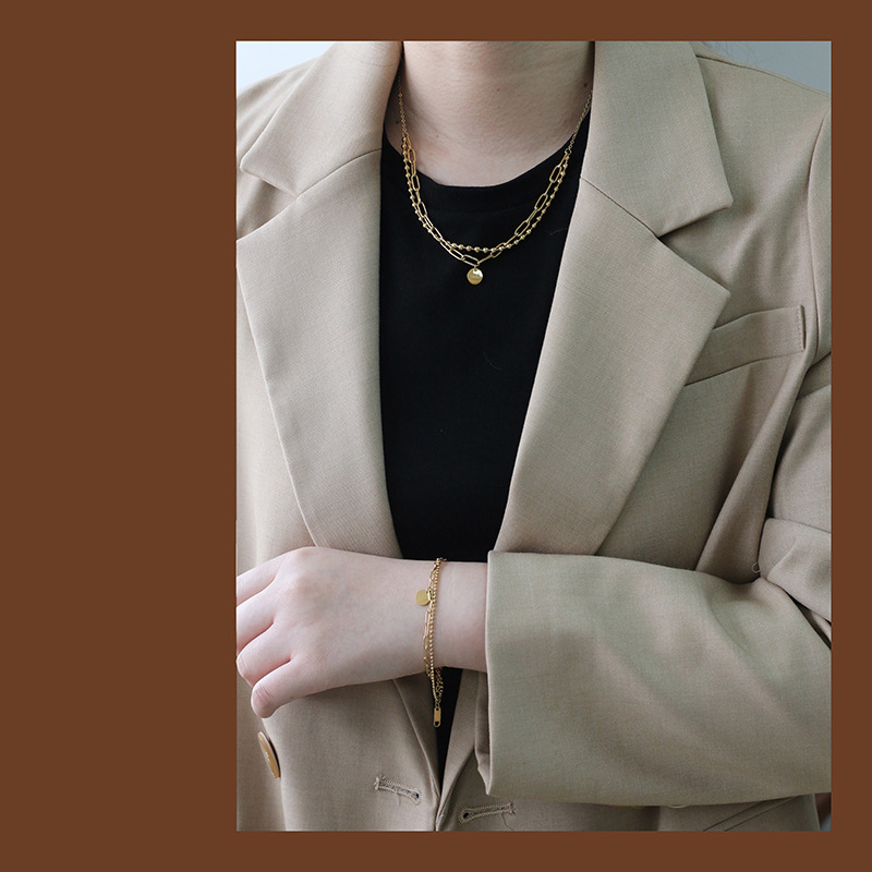 Retro Round Brand Double Round Bead Bracelet Necklace Set