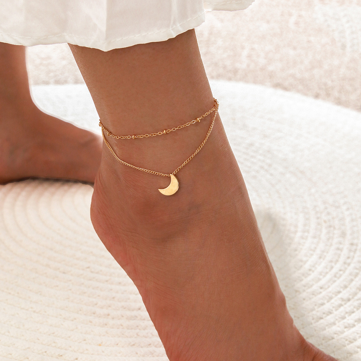 new  simple double-layer  moon crescent pendant anklet