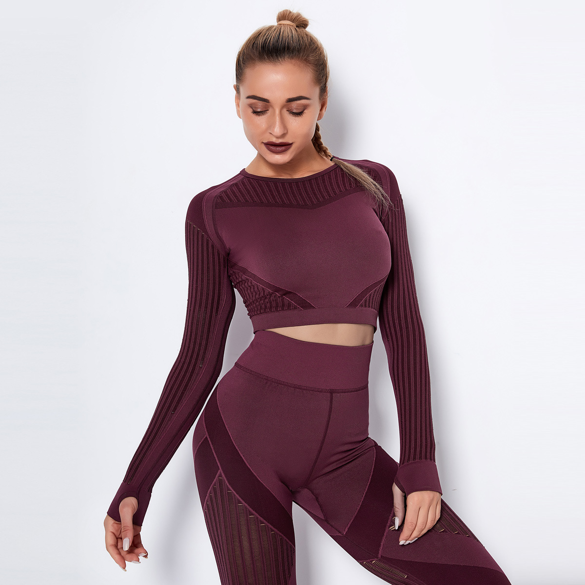 seamless knitted quick-drying breathable hollow fitness long-sleeved top NSLX8999