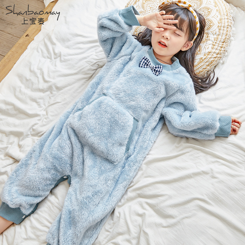 Upper Baomai Autumn and Winter New Children's One-piece Pajamas Flannel Girls' Baby Nightgown Warm Thick Coral Fleece