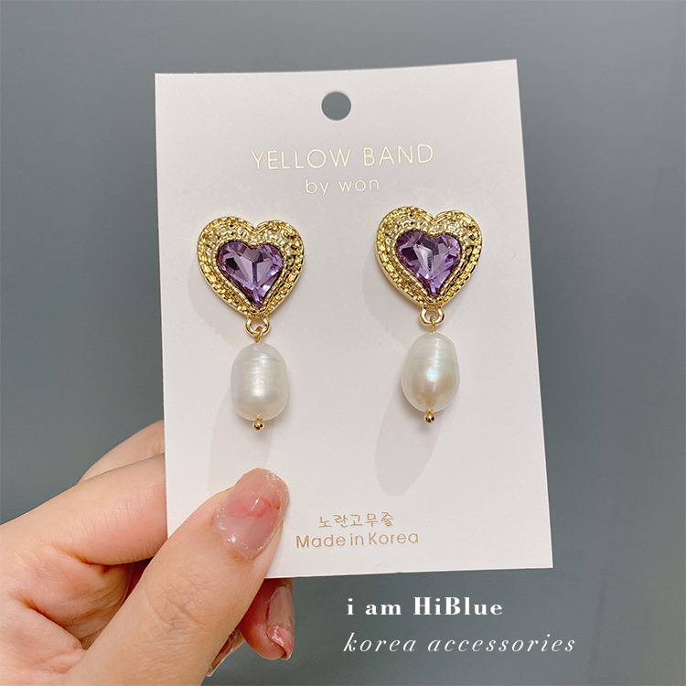 Purple Diamond Heart Pearl Earrings display picture 2