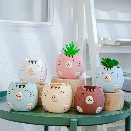 Creative cartoon animal succulent flowerpot Nordic Amazon gardening foreign trade cute cat combination ceramic mini potted plant