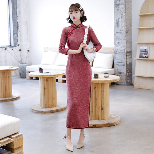 Women China traditional Chinese dresses oriental retro qipao dresses cheongsam sleeve miss etiquette dress in the Republic of China