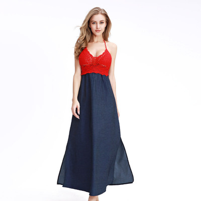 外貿新品沙灘連衣裙女 時尚休閑渡假高腰露背花邊拼牛仔沙灘裙女