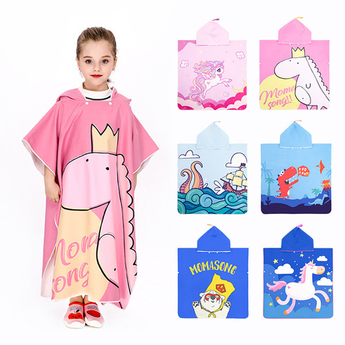 Microfiber cartoon print beach swimming changing bath towel children's hooded sunscreen quick-drying cloak bathrobe cloak