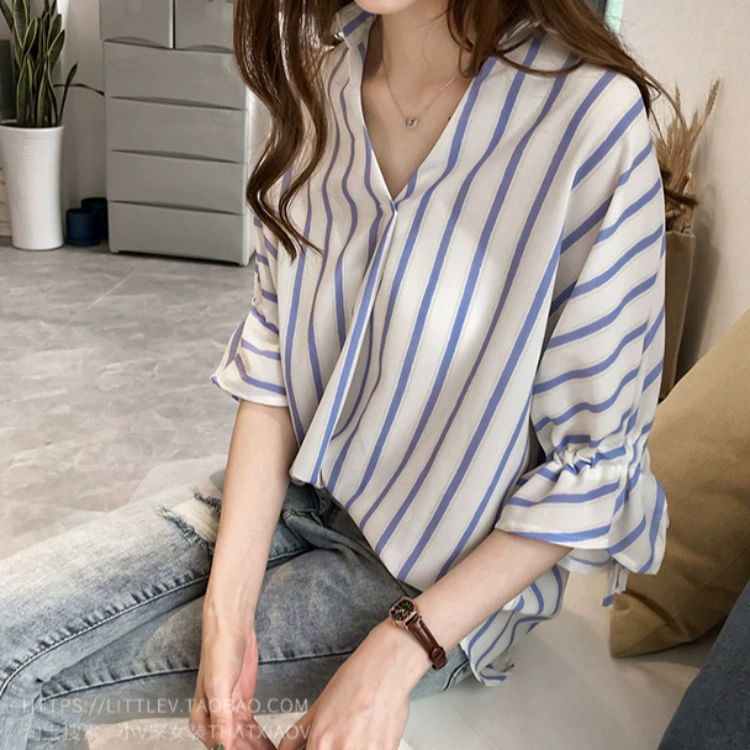 Лето 2023 года рубашка в полоску в Корейском стиле на шнуровке с семью рукавами, женская Свободная Повседневная шифоновая рубашка, базовый топ