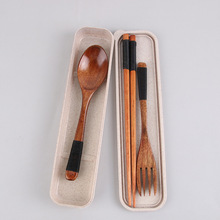 日式缠线勺叉筷子三件套 长柄木质餐具便携礼盒装 外出旅行餐具