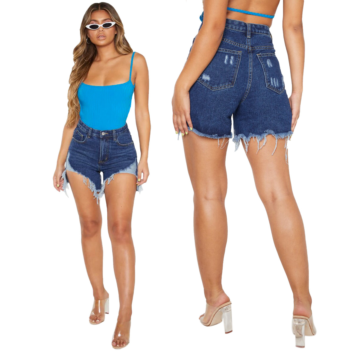 high waist slim irregular ripped hem denim shorts NSSF127765