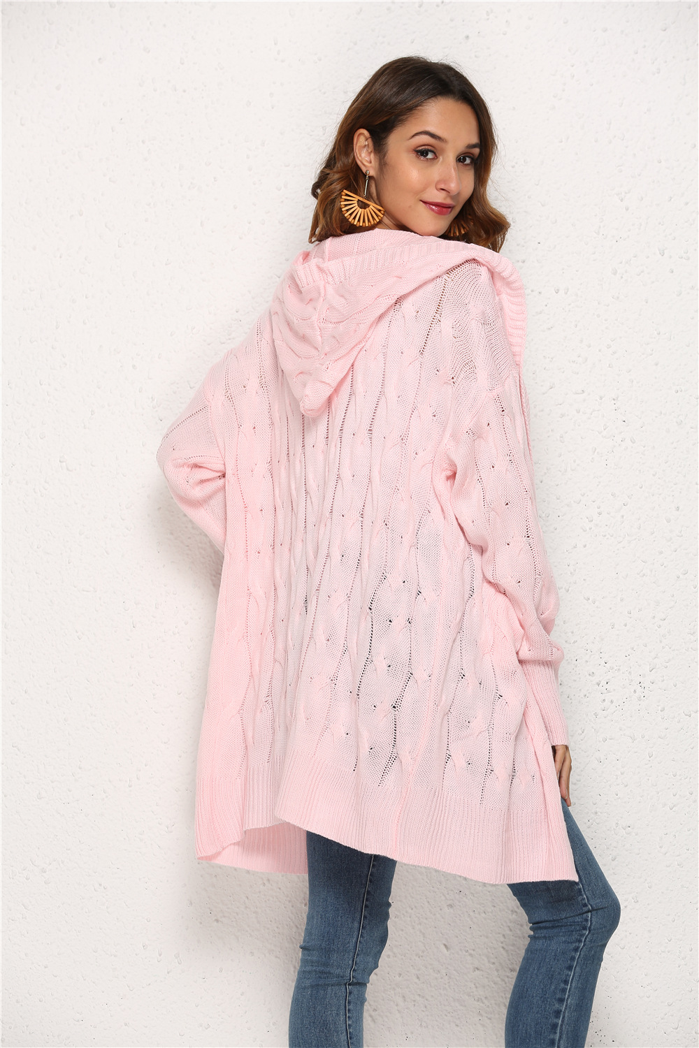 Dames gebreide twist capuchon trui jas_voghion.com