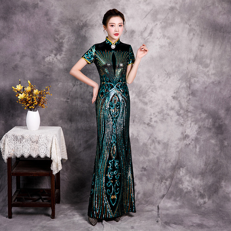 Chinese Dress Qipao for women dress with large print length and Gold Reversible size