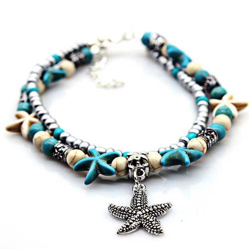 Cross-border double layer anklet European and American retro starfish rice beads beach turtle pendant anklet jewelry manufacturer wholesale