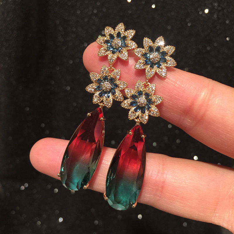 Or Fleur Boucles D'oreilles Femmes De Visage Modifié Sterling Argent Aiguille Long Gland Grande Goutte D'eau Gradient Couleur Tourmaline Boucles D'oreilles display picture 1