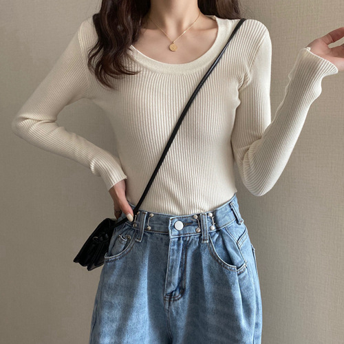 Women's bottoming shirts for spring, low-neck round neck, versatile sweaters for spring and autumn, thin long-sleeved knitted tops for autumn