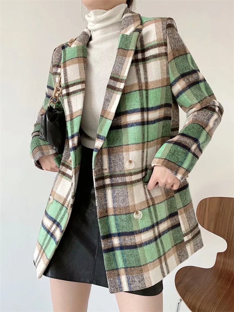 leisure color check double-breasted plaid suit jacket  NSLD15575