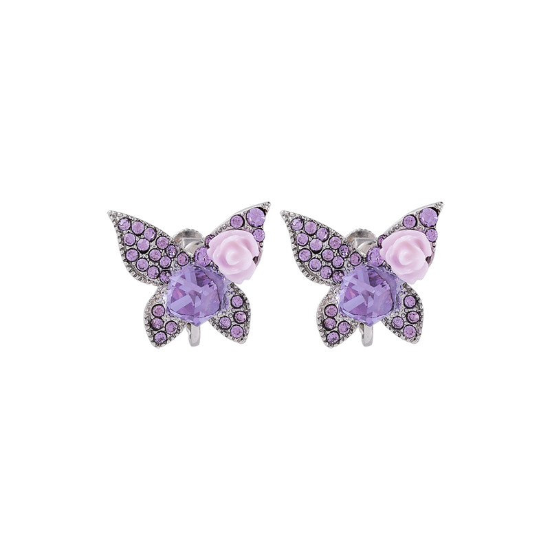 Palace Wind Baroque Rhinestone Flowers Butterfly Earrings Ear Bone Clip Purple Rose Crystal Earrings Wholesale Nihaojewelry display picture 2