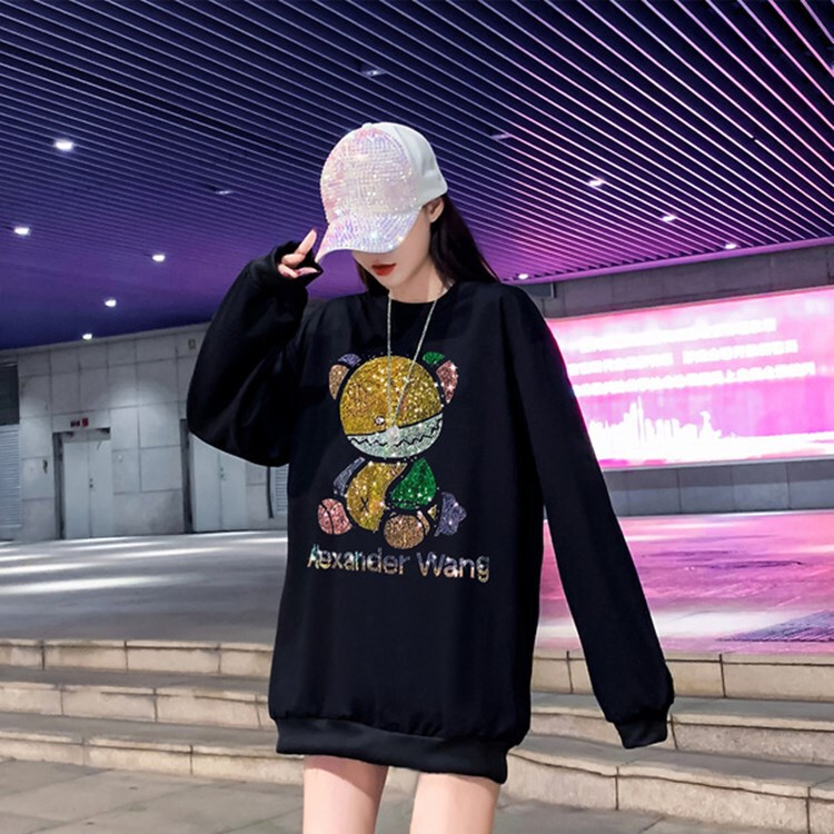 Mid-length Black Hot Drilling fleece-lined Sweat Women's Loose Korean Style Autumn and Winter 2024 New Design Niche Tops Trendy