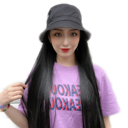 Live broadcast wig and hat integrated summer women's fashion black long straight hair breathable fisherman hat wholesale