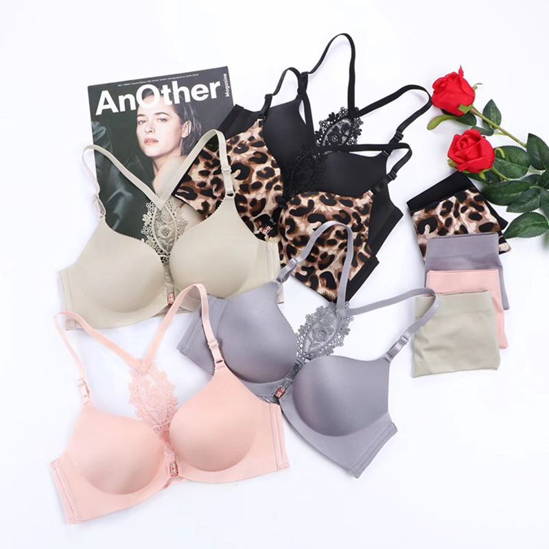 维多利亚前扣内衣 无痕无钢圈交叉Y型蕾丝美背聚拢上托文胸套装