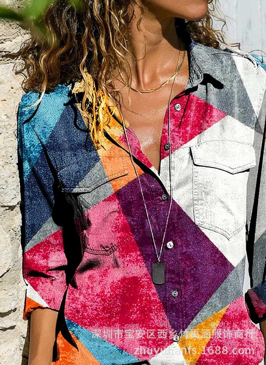 2020wish Europe and America Autumn and winter new pattern lady shirt Lapel Long sleeve shirt Women's wear