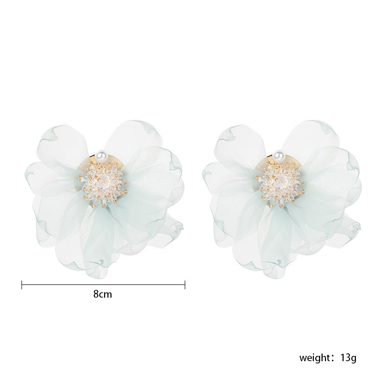 13g Weight Earrings, Ear Studs Classification Wedding, Travel Occasion Chiffon Material Flower Pattern Women'S Gender Red, Blue Color Fashion Fairy Chiffon Flower Earrings Netting Crystal Beads Flower Cloth Earrings For Women Wholesale Nihaojewelry 无