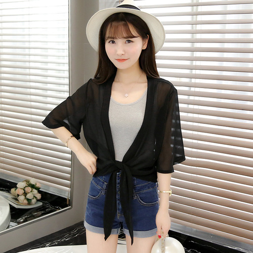 2025 Summer Sunscreen Women's Summer Thin Chiffon Open Cardigan Small Shoulder Scarf Loose Short Sleeve Short Jacket Fashion Matchable