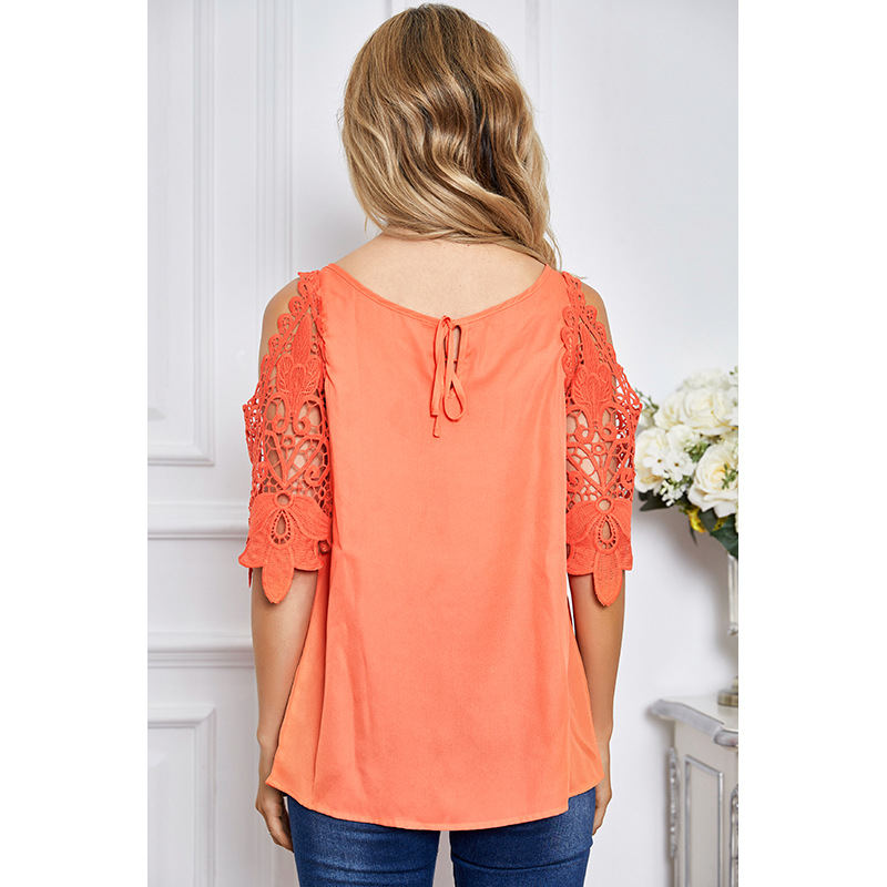 solid color lace stitching round neck top NSSA25927