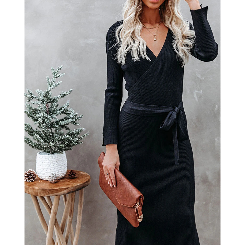 V-Neck Lace-Up Commuter Knitted Long-Sleeved Slim Dress NSHPH108631