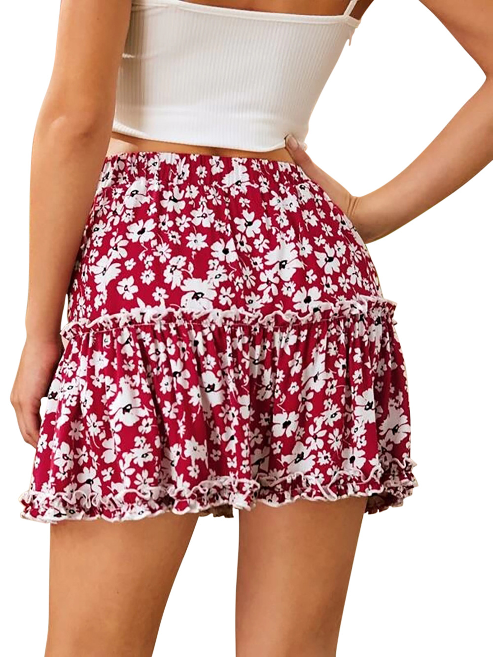 Verano nuevo rojo de cintura alta con volantes orejas de madera elástica pequeña falda floral falda de playa NSDF1528