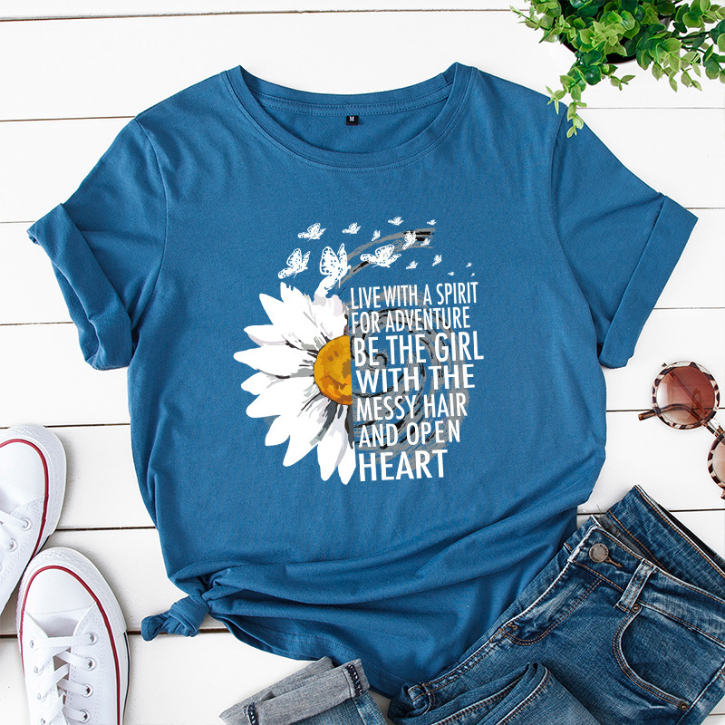 Women T-shirts Chrysanthemum Inspirational Letter Print 