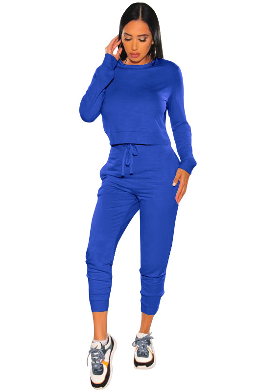 Solid Color Round Neck Long-Sleeved Pullover Blouse & Drawstring Trousers Set NSCQ62240