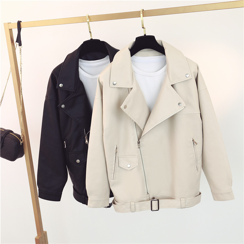2020 Autumn New Women's Motorcycle Leather BF Large Casual PU Washed Leather Lapel Loose Jacket Coat