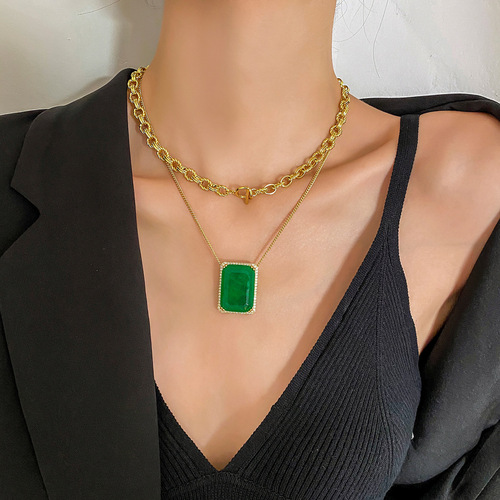 Zhuang Shengsheng Jewelry Hot Sale Ins-style European and American Fashion Trendy Minimalist Layered Necklace Simulated Emerald Set