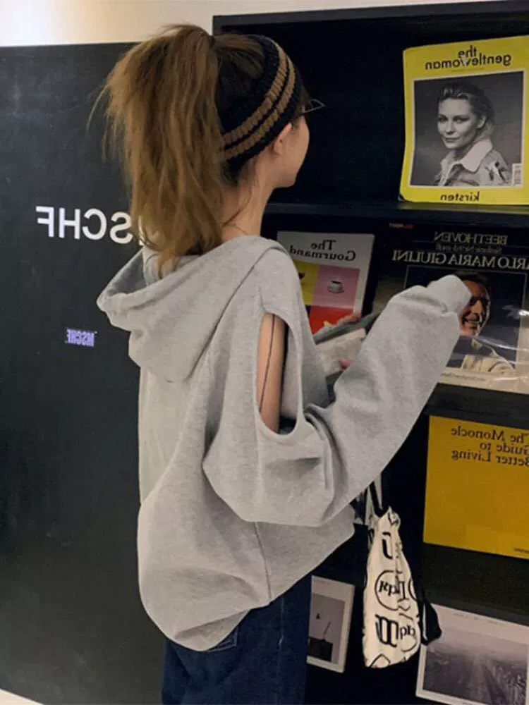 Новинка 2020, женская толстовка с длинными рукавами, тонкий капюшон, свободный дизайн в корейском стиле, нишевый топ с открытыми плечами