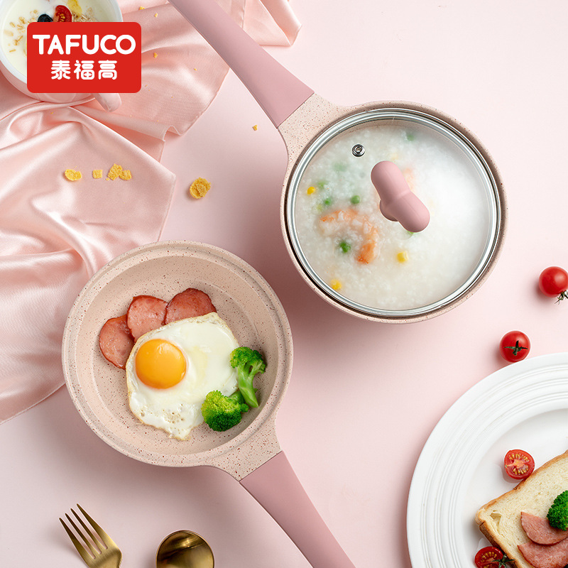 日本泰福高麦饭石汤锅宝宝辅食锅煎煮一体不粘锅奶锅2件套T5230|ms