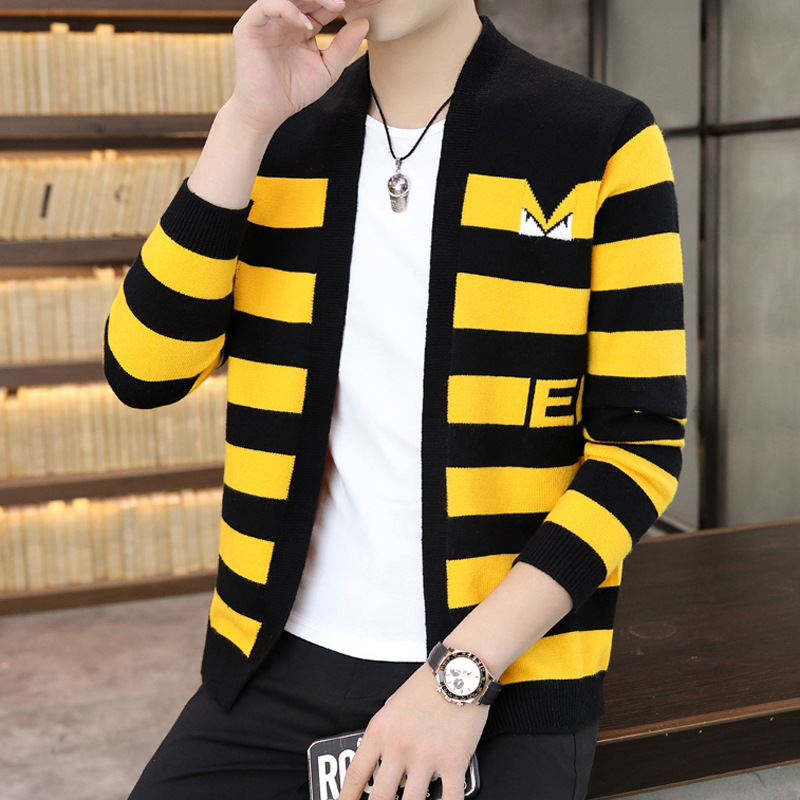 Cardigan Jacket Men's Autumn Color Block Striped Sweater Teenagers Fashion Handsomey Casual Sweater